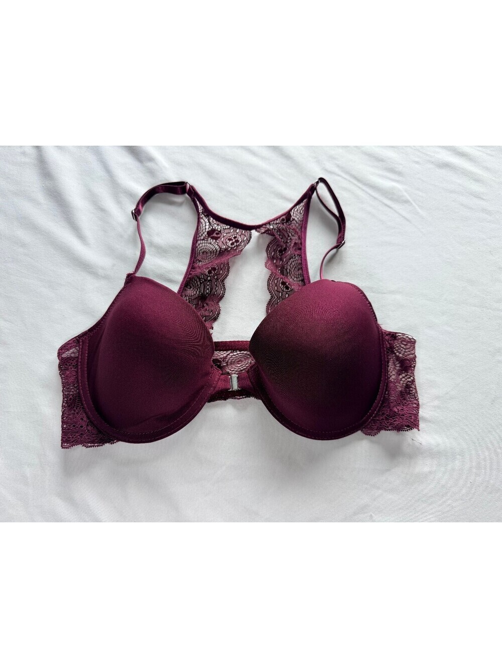 Jessica Simpson Front Close Racerback Bra 36C Burgundy Plum Lace Padded